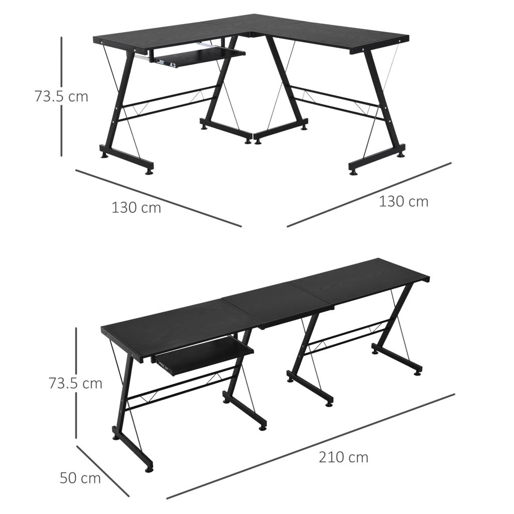 Scrivania Angolare Moderna Nera Dritta Postazione da Lavoro per Computer con Vano Tastiera MDF, Metallo a forma di L: 130L x 130P x 73.5A cm dritta: 210L x 50P x 73.5A cm Nero
