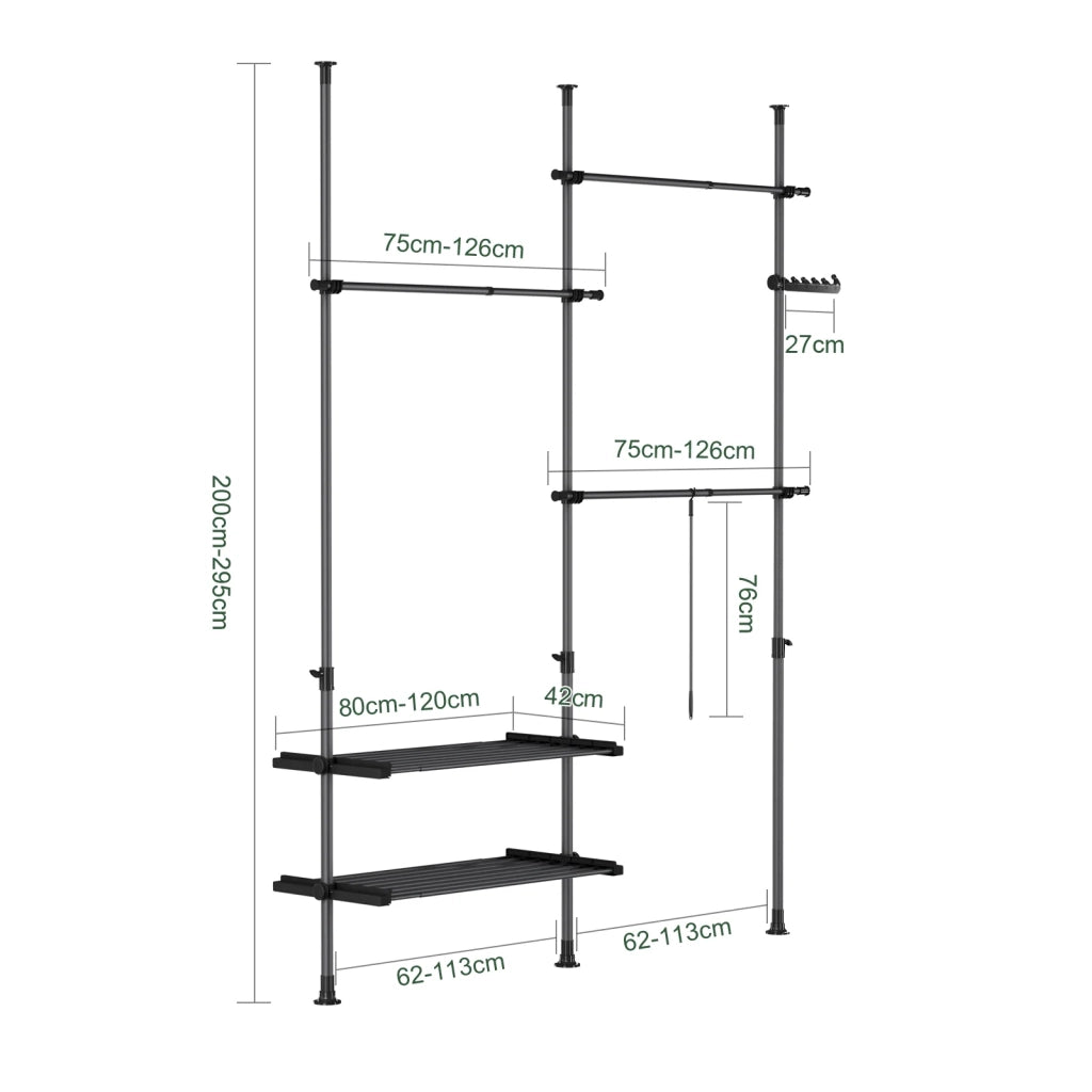 SoBuy FRG34-II-SCH, Telescopic Appendiabiti da Terra, Robusto Stand Appendiabiti con Aste e Ripiani, Armadio Aperto Regolabile per Camera da Letto, Porta Abiti Nero