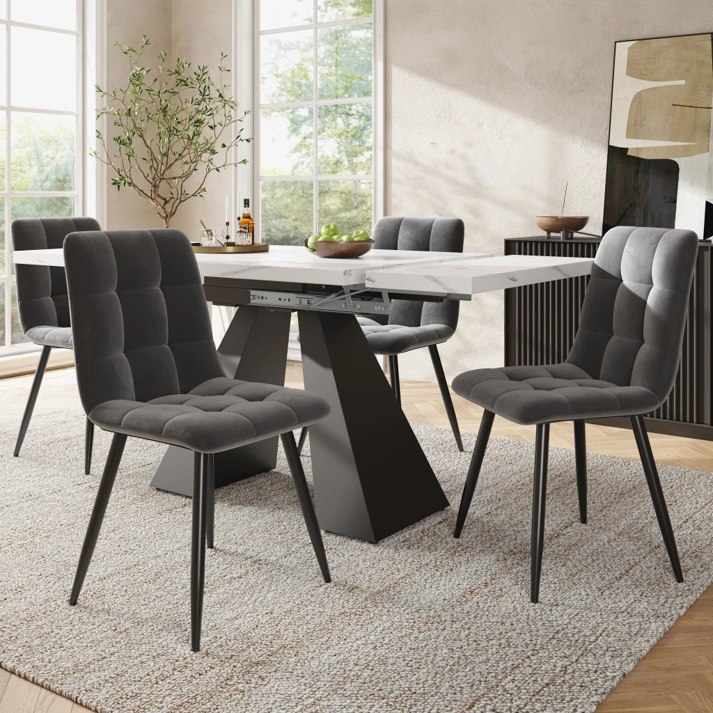 Tavolo da pranzo allungabile con 4 sedie in MDF metallo e velluto bianco e nero per sala da pranzo