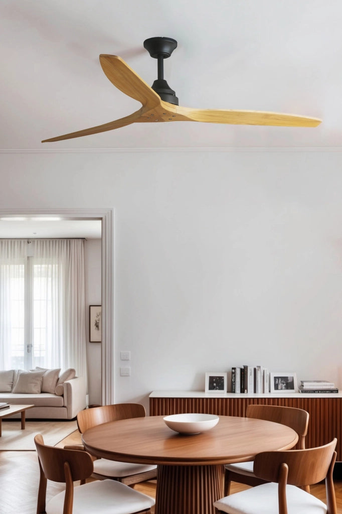 FARO Ventilatore da soffitto ALO L DC in Acciaio Nero Opaco con pale in legno 6 velocita funzione inversione telecomando incluso per ambienti 176-28 m² adatto a soffitti inclinati FARO-33718DC