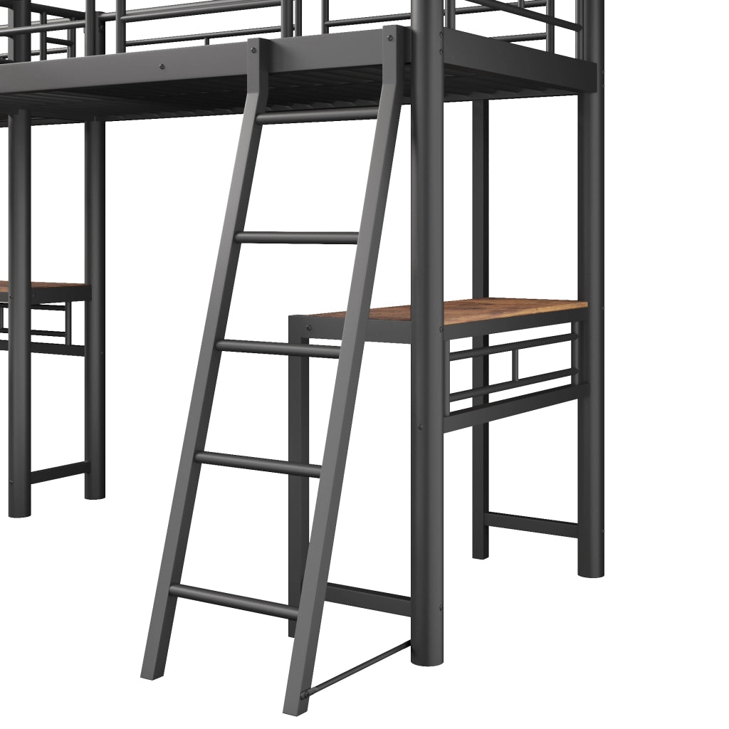Letto a soppalco 90 × 200 cm con scrivania integrata scala doppia barriera alta metallo e MDF nero