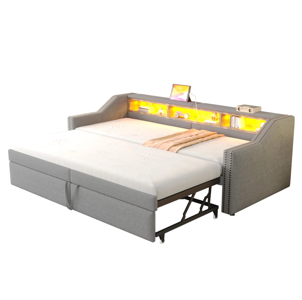 Letto estraibile imbottito 90/180x200 cm con LED, USB e 2 materassi grigio chiaro