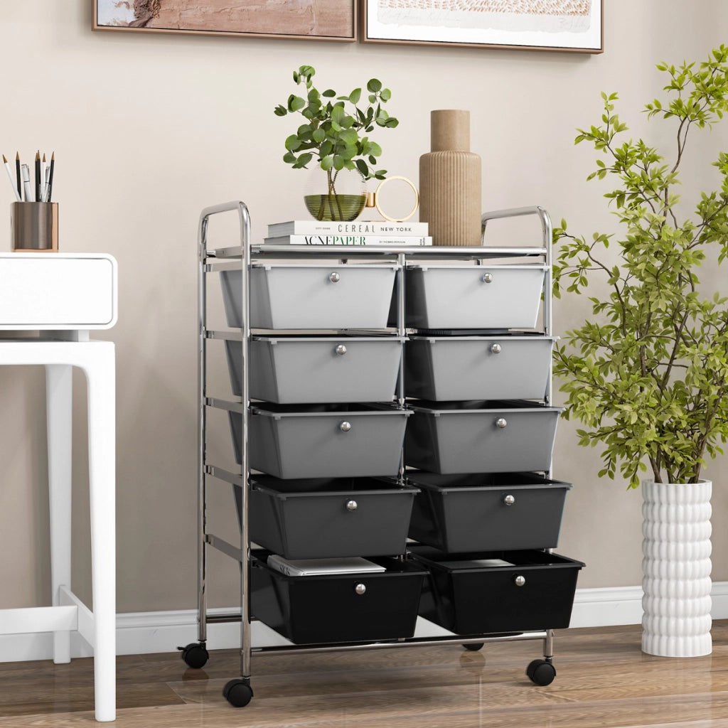 Carrello a 10 cassetti multiuso con ruote, Organizzatore per carta da scrapbooking e utensili da ufficio Nero e argento