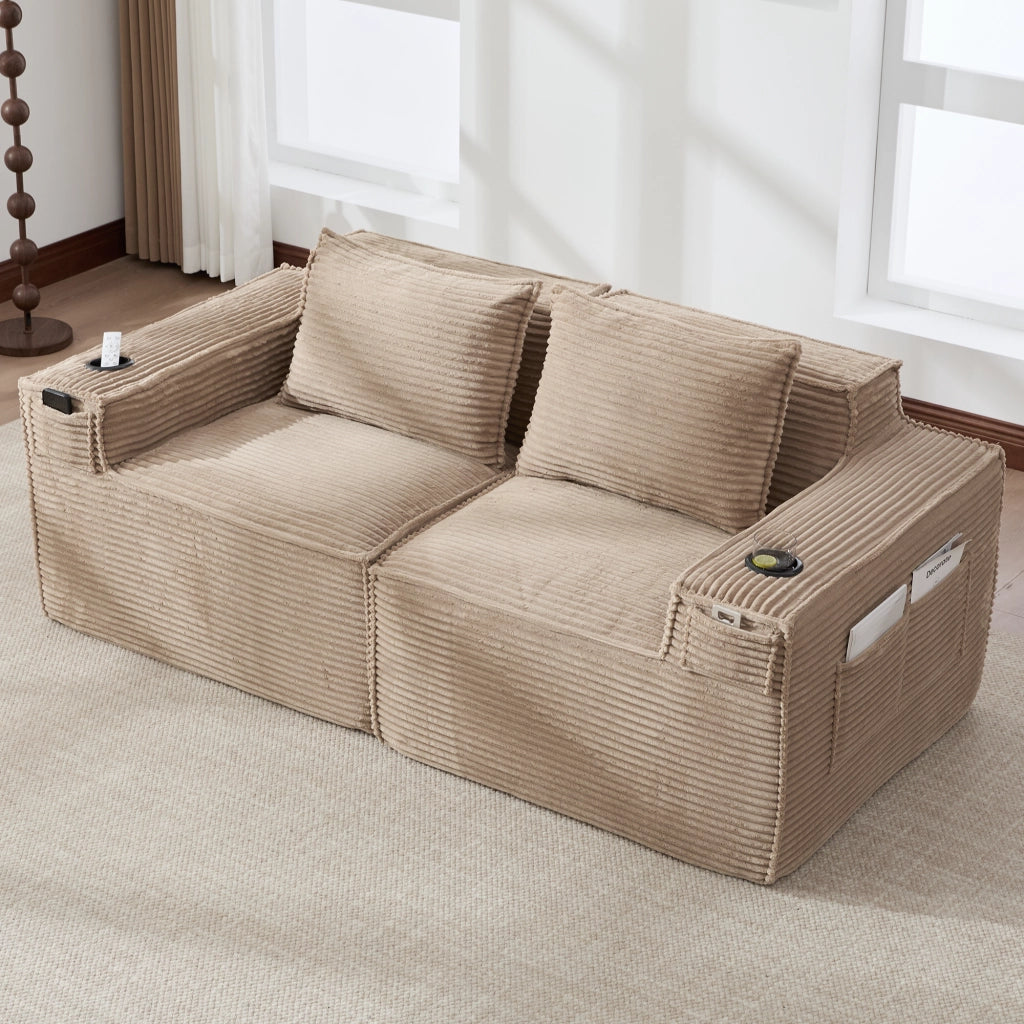 Divano modulare a 2 posti con portabicchieri e tasche laterali in velluto a coste khaki 188 × 90 × 75 cm