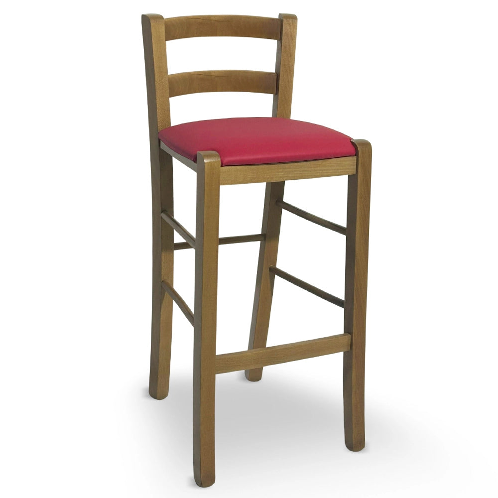 Sgabello in legno noce chiaro con schienale h 66 cm con seduta similpelle rosso