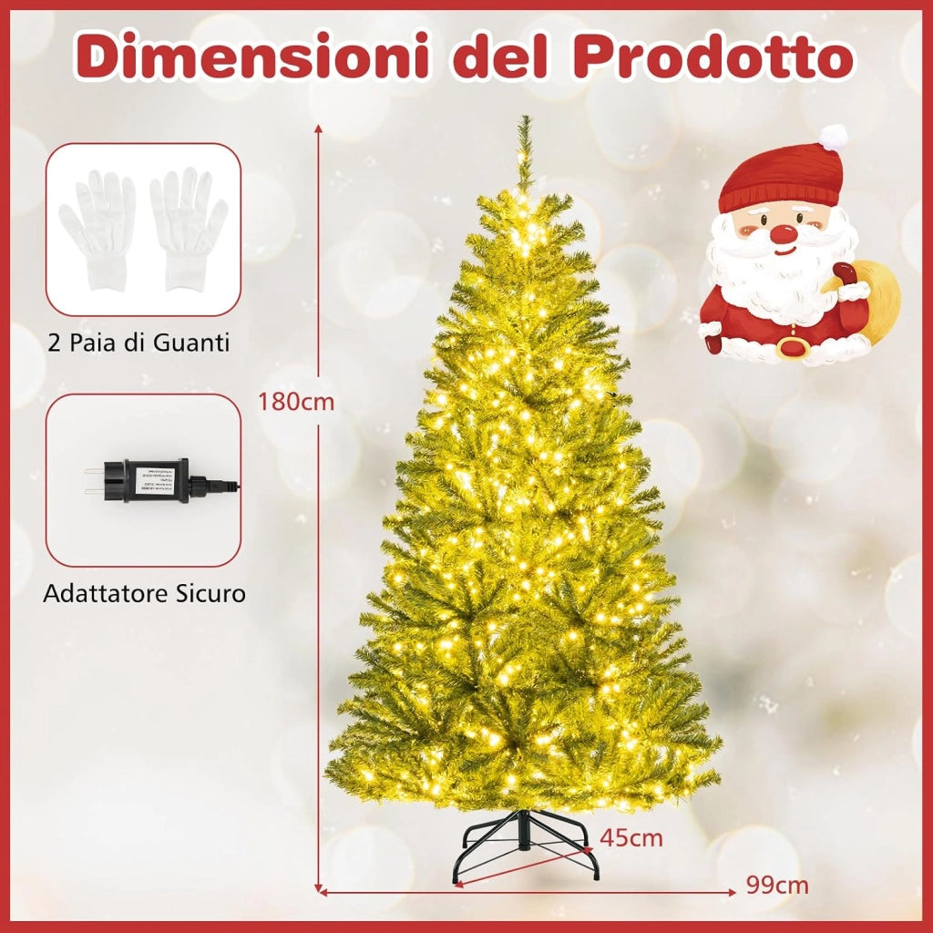 Albero di Natale Artificiale 180 cm, Albero di Natale Pre-illuminato con 700 Luci LED, 680 Rami, Telecomando, Timer e Guanti, Modalità e Luminosità Regolabili
