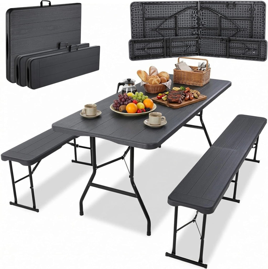 Set Tenda da Birra da 3 Pezzi 180cm in Plastica HDPE, Set di Mobili da Giardino 1 Tavolo e 2 pcs Panche Pieghevoli, Set Birreria con Manico di Trasporto, per Campeggio Picnic Esterno, Ottica in Rattan