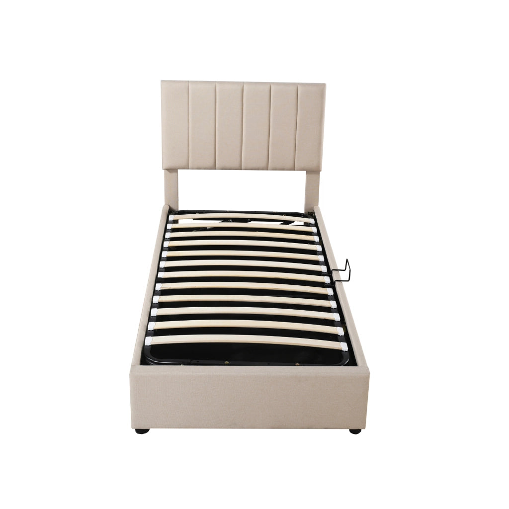 Letto per Bambini Contenitore 90 x 200 cm; Letto Singolo con Vano Idraulico e Testiera Regolabile; senza Materasso; Beige