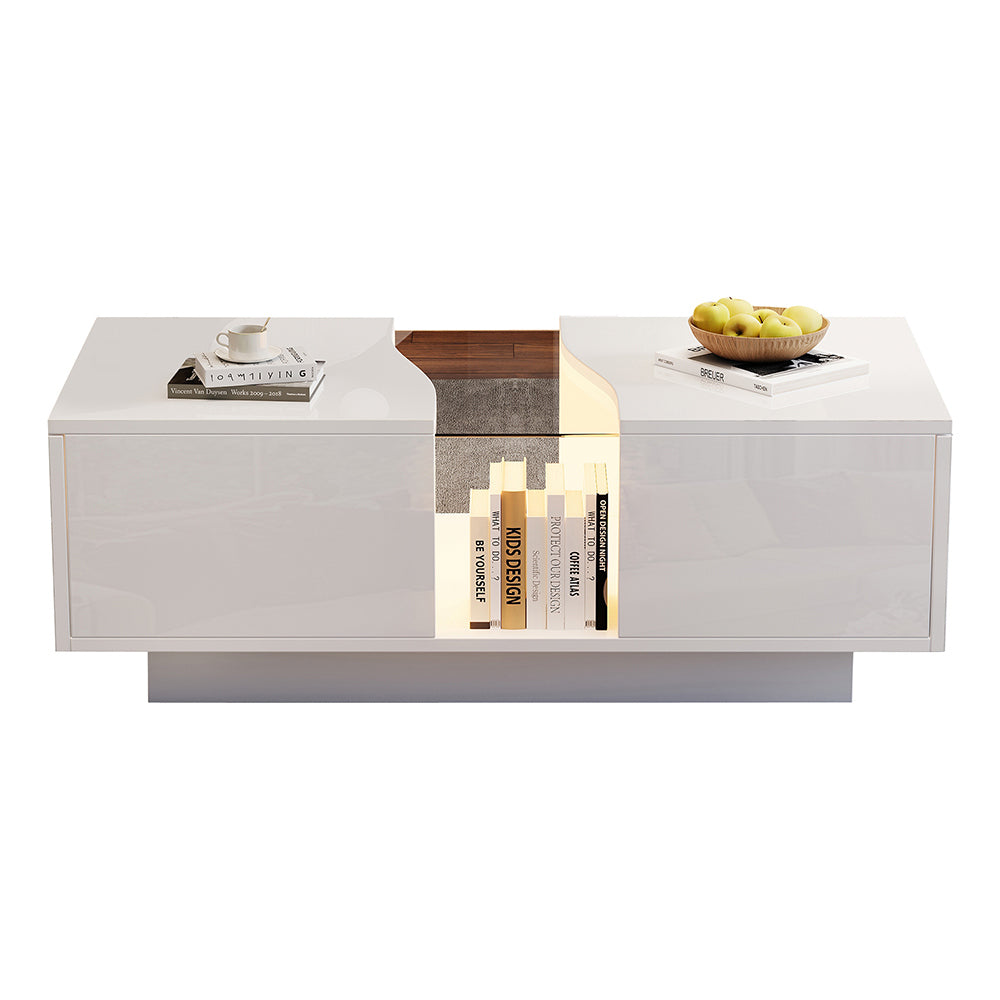 Tavolino-Xylo-100x50x35cm bianco 2 cassetti LED acrilico