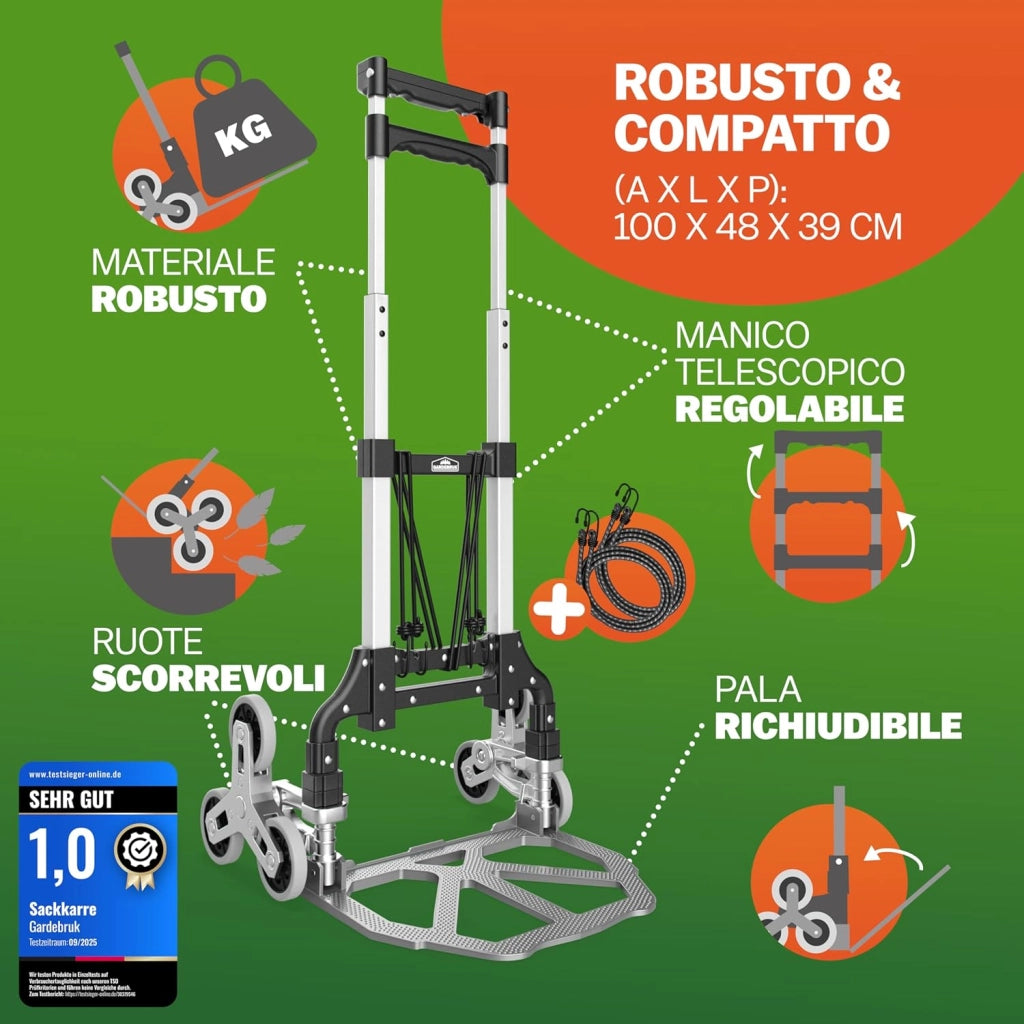 ® Carrello Saliscale con Ruote in PP Antiforatura Pieghevole 80Kg Alluminio Incl. Guanti 2 Corde Carrellino Portapacchi Trasporto Scatole