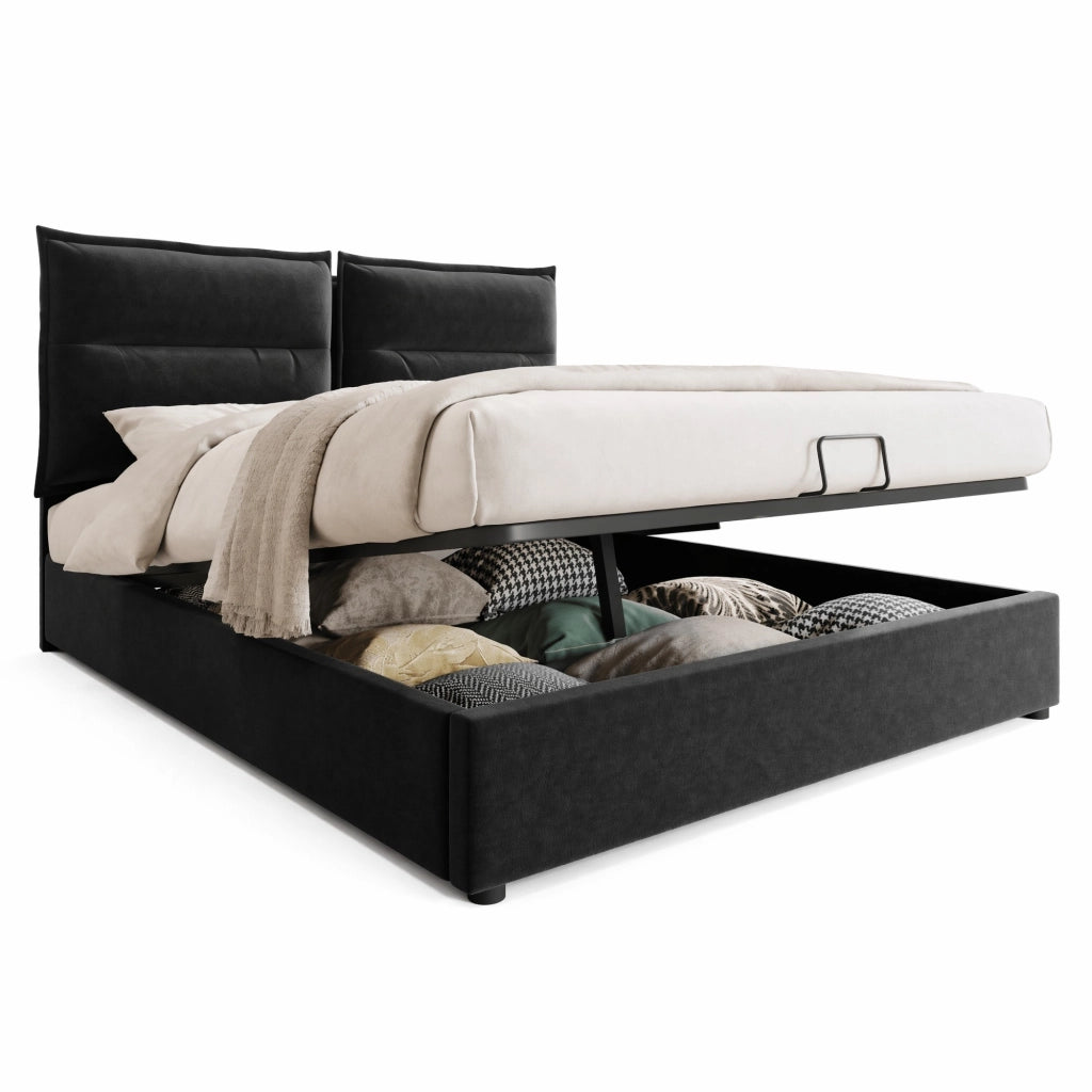 Letto matrimoniale imbottito 140x200 cm con contenitore, testiera regolabile, struttura in metallo e velluto, nero, senza materasso