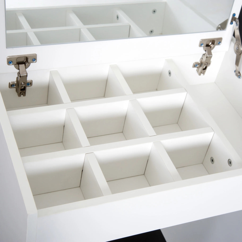 EasyComfort Postazione Trucco con Specchio Richiudibile, Toeletta Trucco Moderno, con Sgabello, Vano Contenitore a 10 Scomparti, MDF Bianco, 60.2 x 40.2 x 79cm
