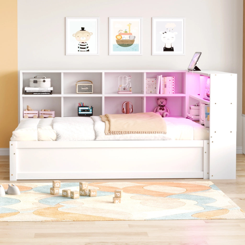 Letto multifunzione 90x200 cm con LED, prese e vani bianchi