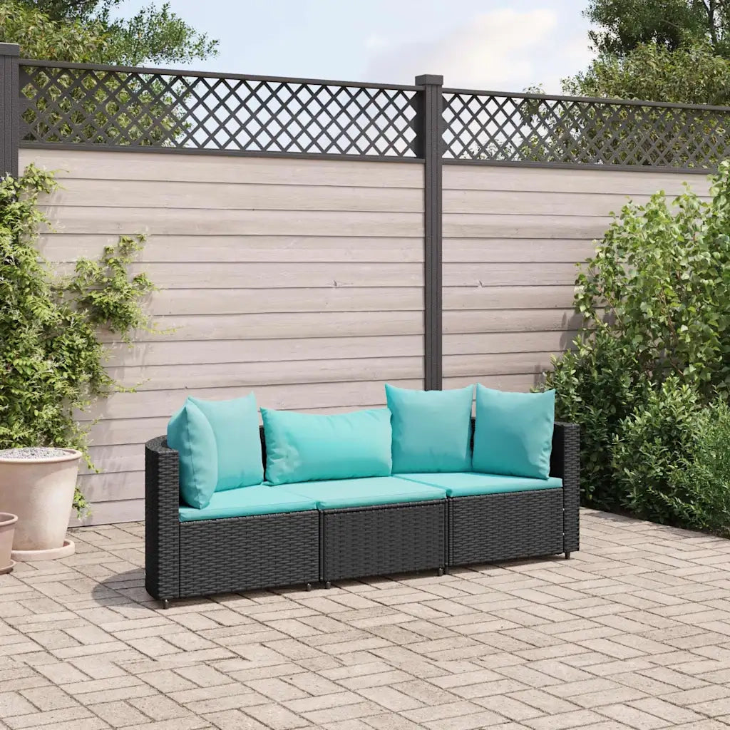 Set Divani da Giardino 3 pz | Set Salotto da Giardino con Cuscini in Polyrattan Nero