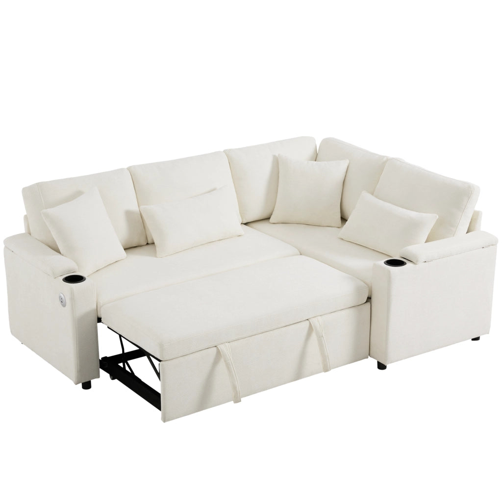 Divano angolare convertibile con chaise longue fissa; vano contenitore; portabicchieri e porta usb per soggiorno; beige; 206;5 Ã— 141 Ã— 86 cm