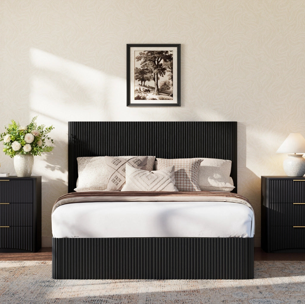 Letto 140x200 cm con contenitore e sollevamento idraulico in MDF e metallo nero