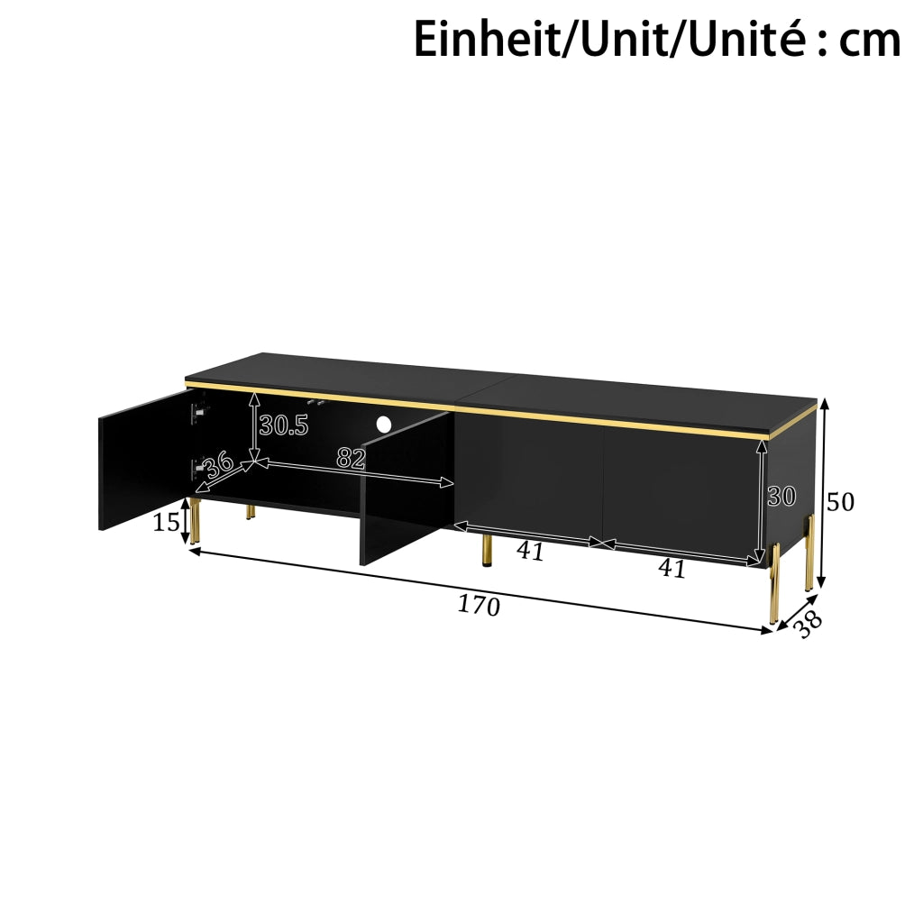 Mobile TV con 4 Ante e Passacavi; Finitura Lucida Parziale; Piedini in Metallo; Stile Minimalista; 170×38×50 cm; Nero