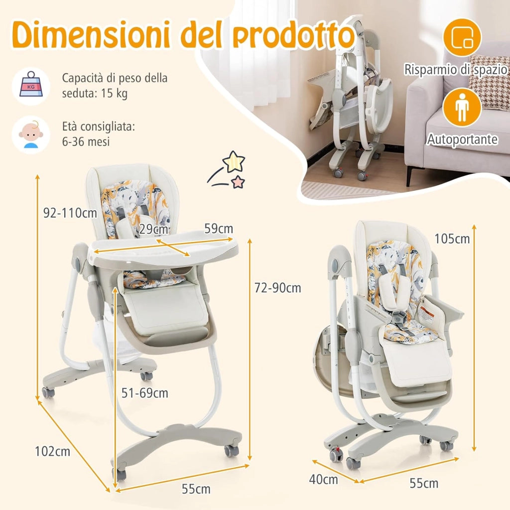 Seggiolone Pappa per Bambini e Neonati, Seggiolone Pieghevole Multifunzione con Ruote, Altezza Regolabile, Poggiapiedi e Schienale, Vassoio Rimovibile, per 6-36 Mesi (Bianco)