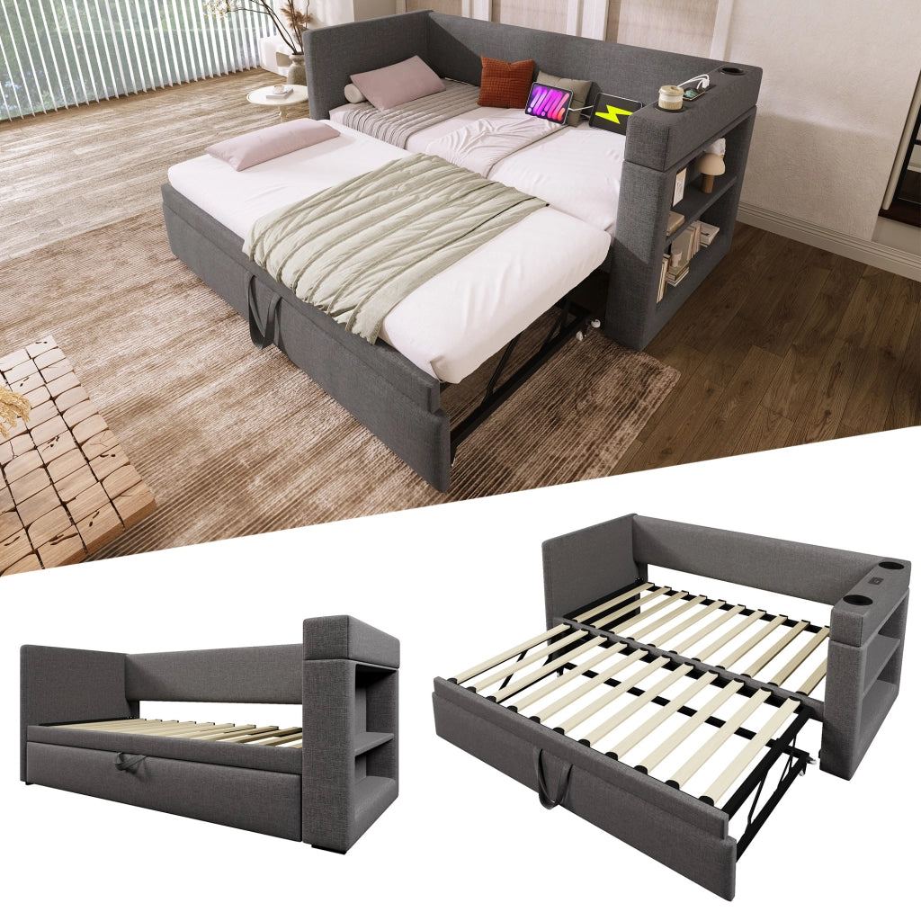 Divano letto con letto estraibile 90x190 cm; 3 USB; Type-C; grigio