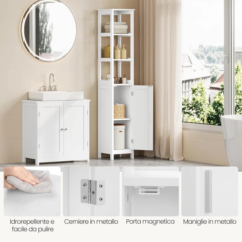Mobile Alto da Bagno, Mobiletto da Bagno, con 3 Scomparti Aperti, 30x30x163 cm, Portaoggetti, Mobiletto Salvaspazio Stretto, per Bagno, Soggiorno, Studio e Ufficio, Bianco 002WDG