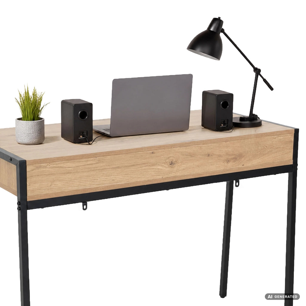 Scrivania industriale per computer Rovere Artisan ZENTIA 100 cm 2 cassetti gambe nere