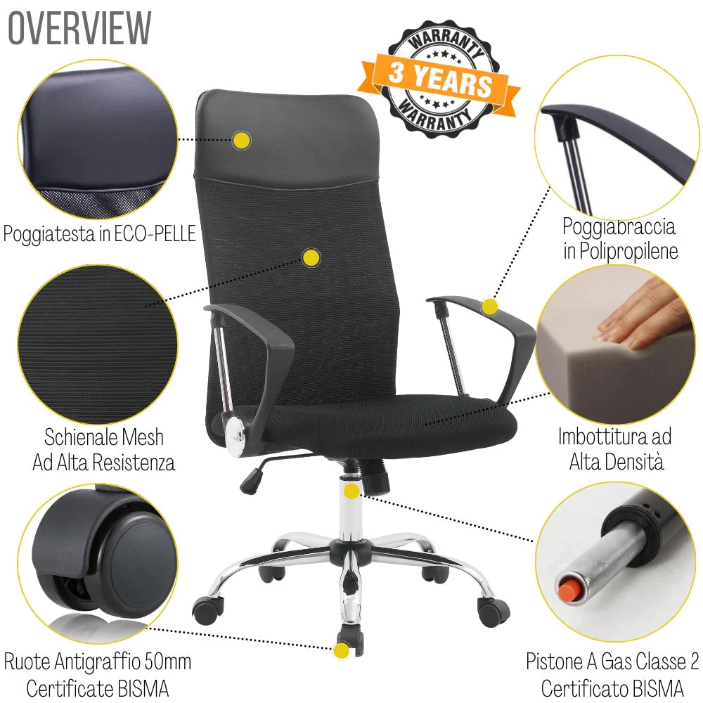 Sedia Direzionale da Ufficio 66x50x112/123 cm Ergonomica in Rete Mesh Nera
