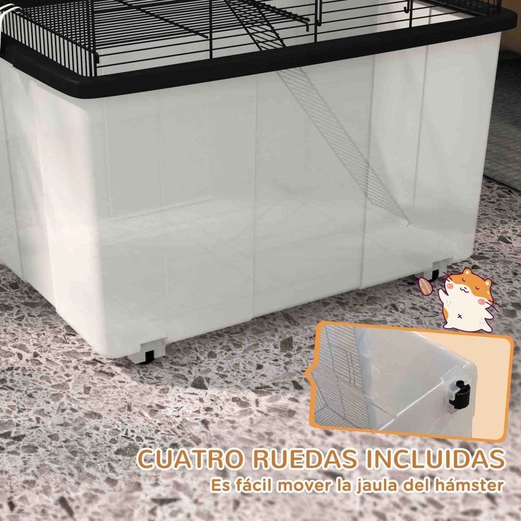 Gabbia per criceti ¨C Xylo ¨C con fondo profondo, piattaforma, ciotola, beverino, rampa e ruote 57x43x57 cm nero