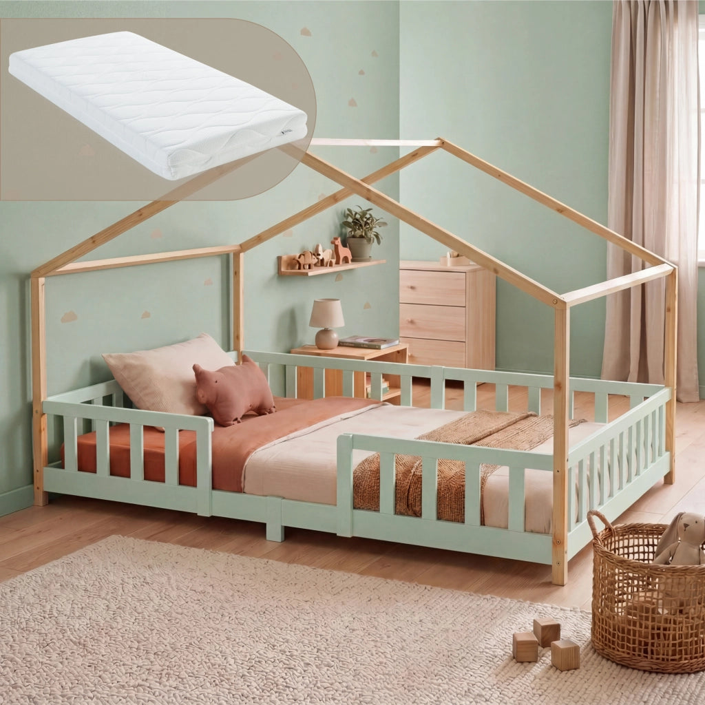 Letto per Cameretta Treviolo a Forma di Casetta in Stile Montessori con Materasso 140x200 cm - Menta Verde/Naturale [en.casa]