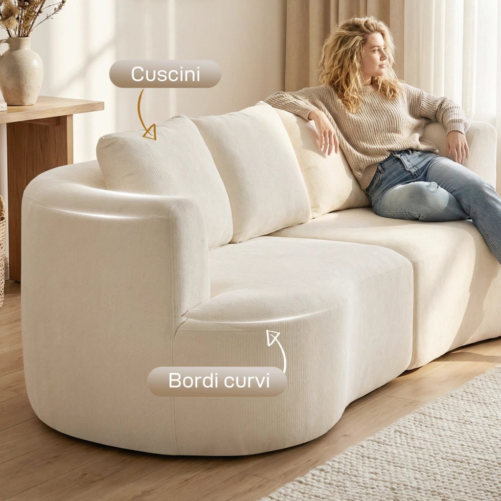 Divano 3 Posti in Ciniglia Crema con Cuscini ¨C Zephmum ¨C 260x106x82 cm