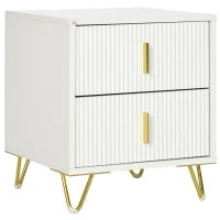 Comodino con 2 Cassetti in Legno con Maniglie e Gambe in Metallo, 40x40x47 cm, Bianco e Oro