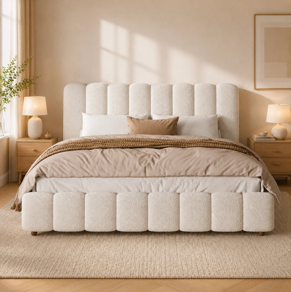 Letto 180x200 cm con rete a doghe e testiera imbottita in boucl¨¦ bianco