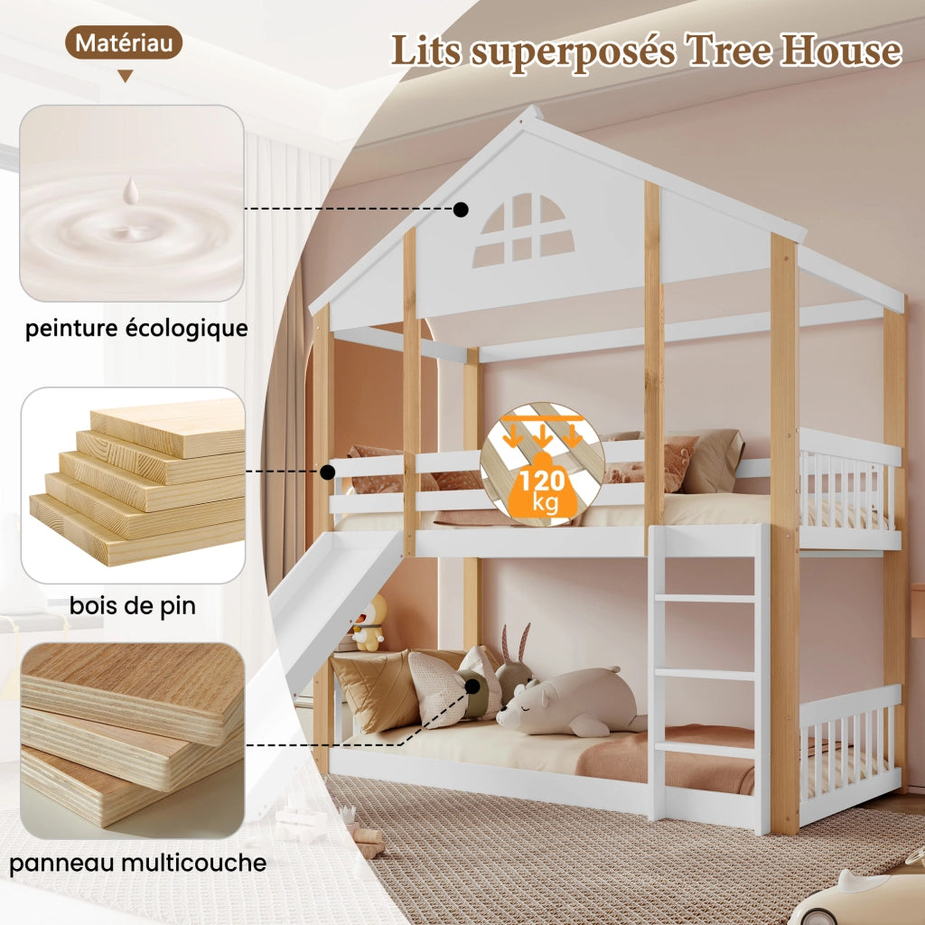 Letto a castello con scivolo e finestre in legno massello e MDF 90x200 cm
