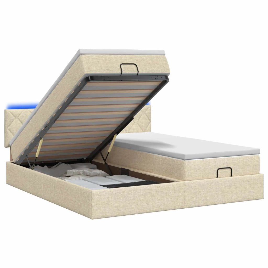 Letto Ottomano con Materasso e LED Crema 180 x 200 cm Tessuto 3457299