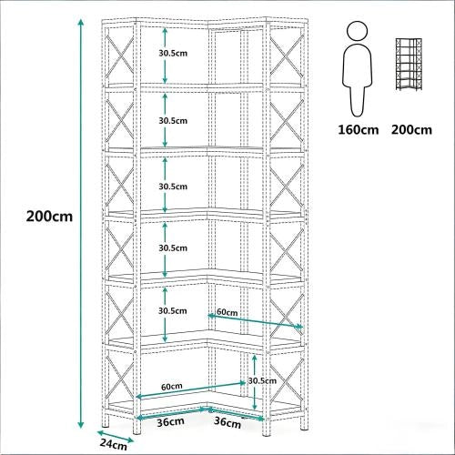 Scaffale angolare industriale a 7 livelli con 14 scomparti, metallo e legno, bianco