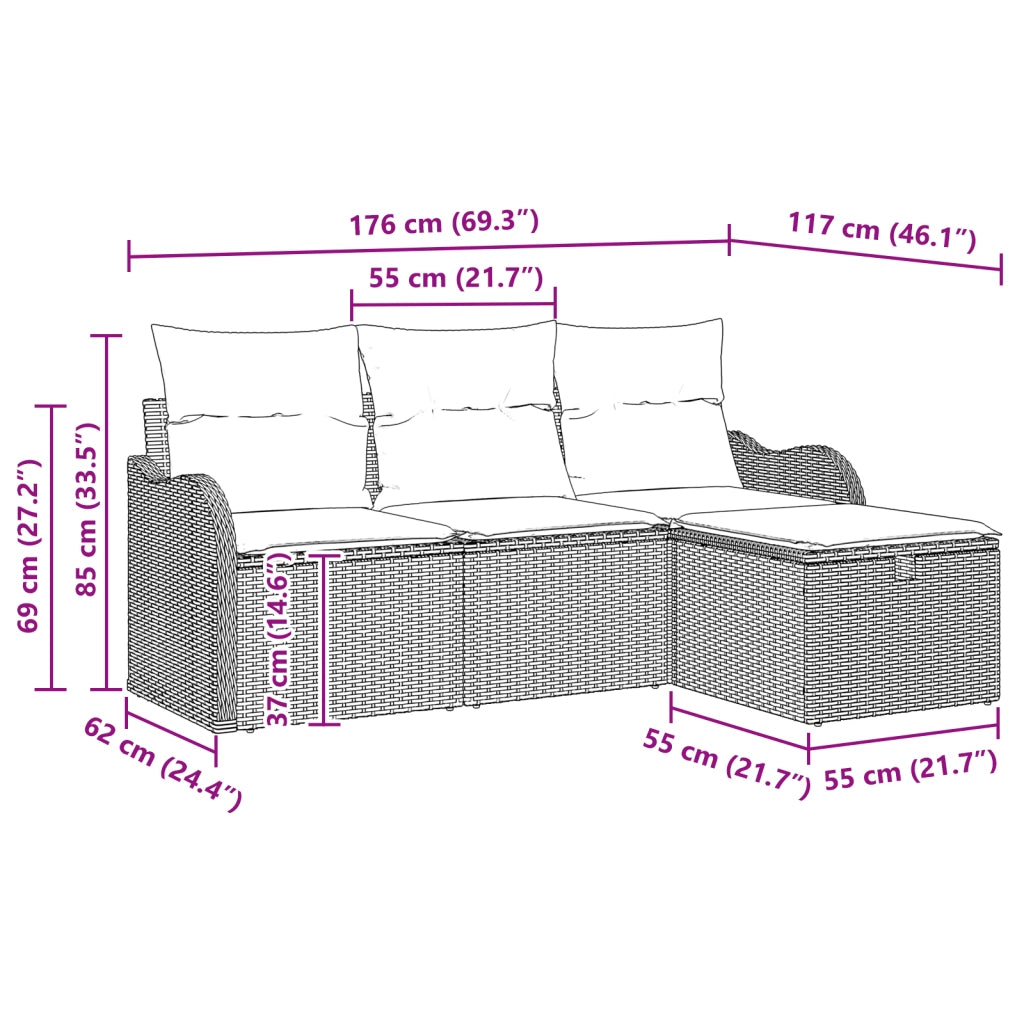 Set Divano da Giardino a 4 Pezzi con Cuscini Polyrattan Nero
