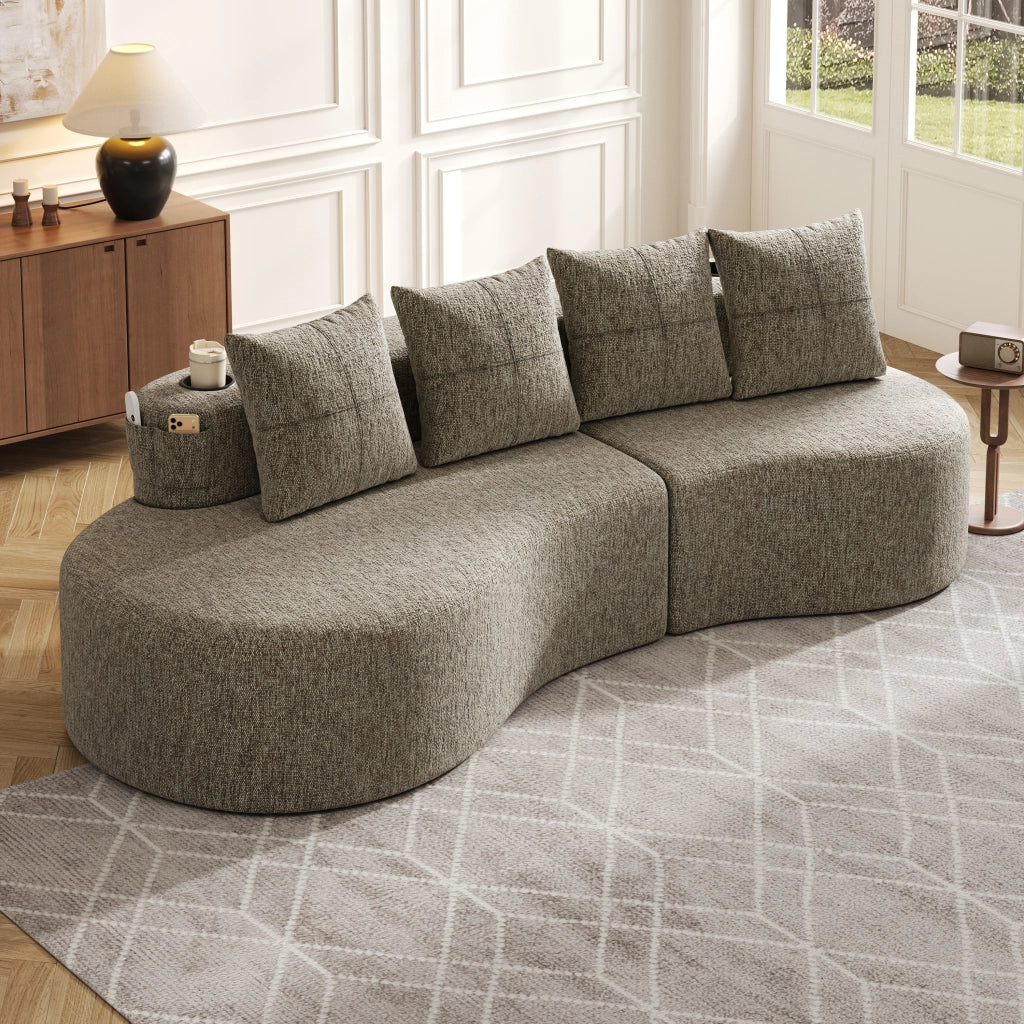 Divano in lino con portabicchieri, tasche laterali e 4 cuscini, seduta ampia e comfort quotidiano, khaki