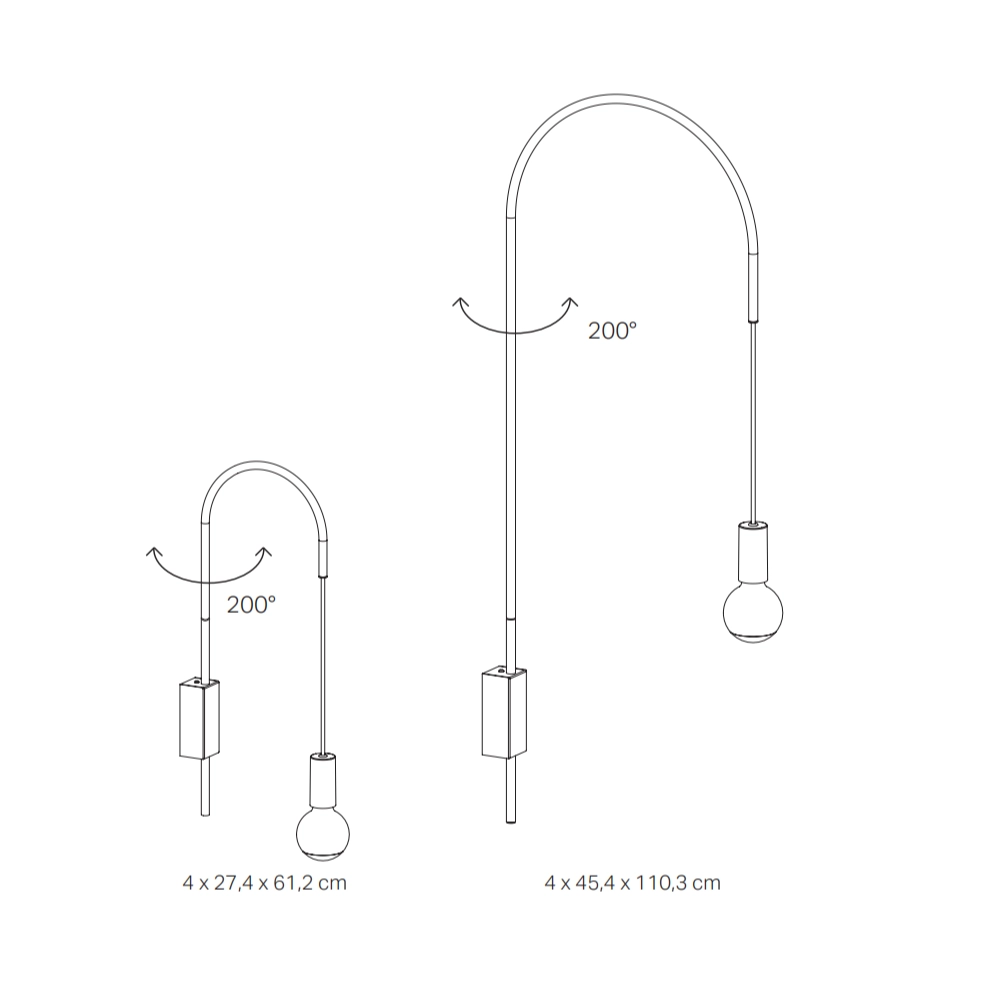 Zafferano - Lampada da Parete Filo, Orientabile 200°, Metallo Verniciato Lampadina E27 max 60W inclusa, H61cm - Nera