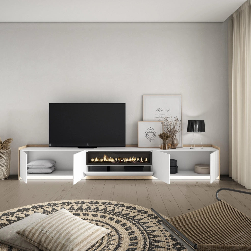 Mobile TV Soggiorno, 310x50x37 cm, Per TV fino a 80", Camino elettrico, LED, Bianco e Rovere soft