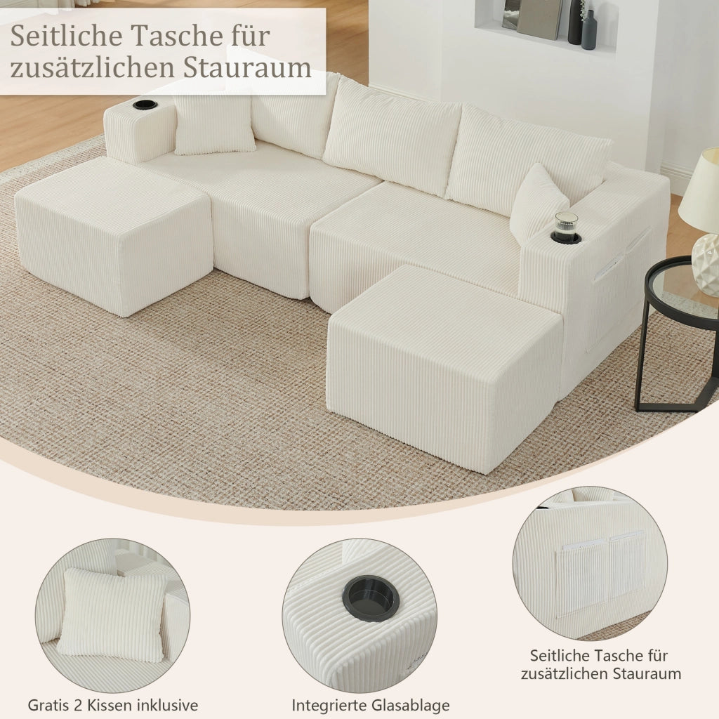 Divano angolare modulare 3 posti con pouf mobili, portabicchieri e tasche laterali, in tessuto a coste beige