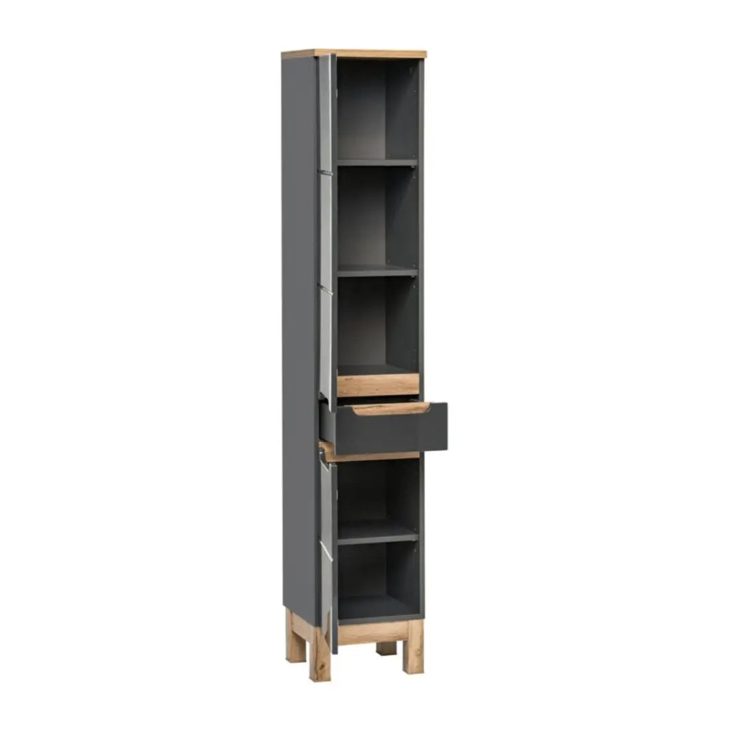 Colonna da bagno ERMANO – Finitura legno e grigio lucido con cassetto e armadietti