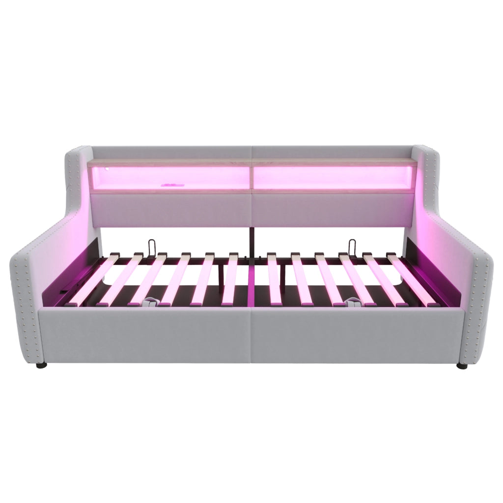 DESMIU Letto divano 90 × 200 cm 1 piazza con contenitore idraulico, LED, USB e Type-C, senza materasso, velluto grigio