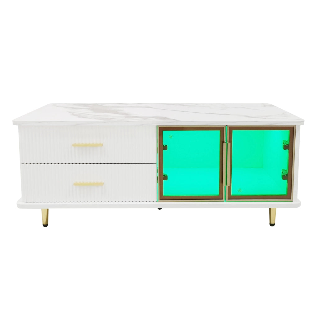 Tavolino da Caff¨¨ con LED, Cassetti e Piano Effetto Marmo ¨C Xylo ¨C Vetro Temperato, Gambe Dorate
