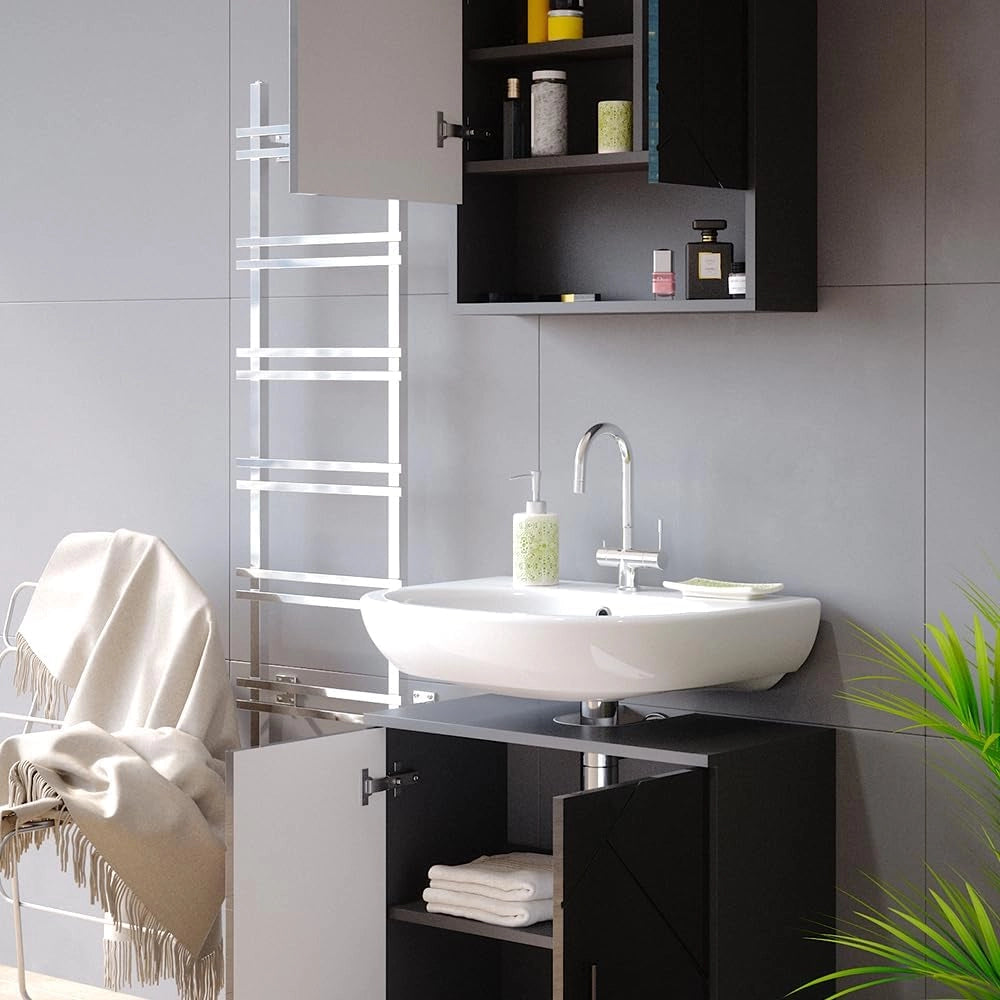 Set mobili bagno Irma, Antracite lucido, 80 cm, composto da specchio da bagno e mobile sottolavabo