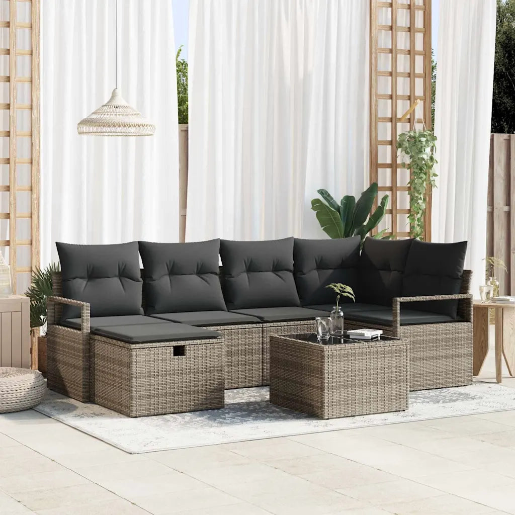 Set Divano da Giardino con cuscino 7 pcs Grigio Poly Rattan
