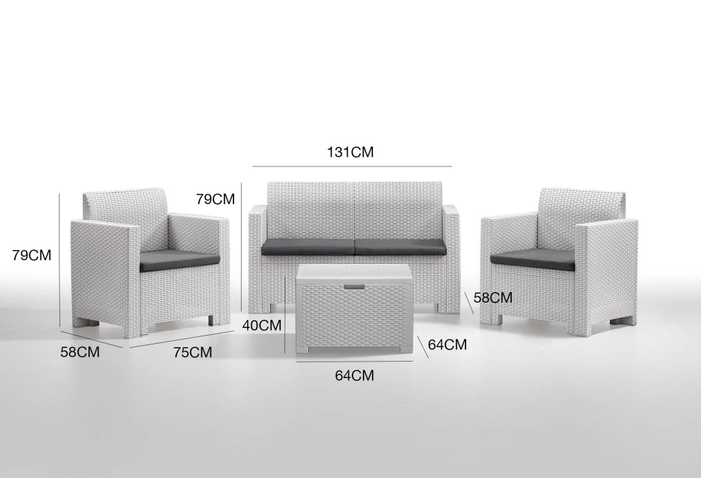 Salottino da esterno Gazania, Set da giardino con cuscini, Salottino  effetto rattan, 100% Made in Italy colore Bianco