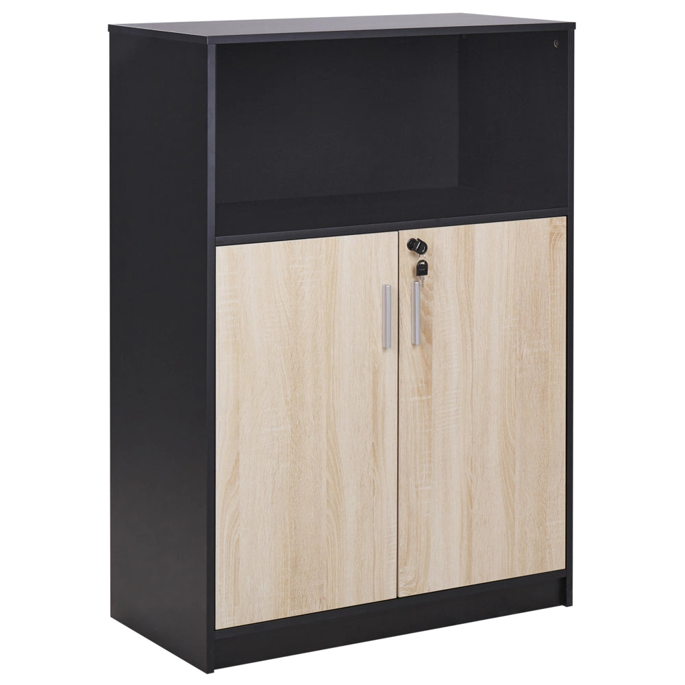Armadietto moderno con 2 ante e scaffale aperto con chiusura a chiave legno chiaro e nero ufficio di casa stile moderno