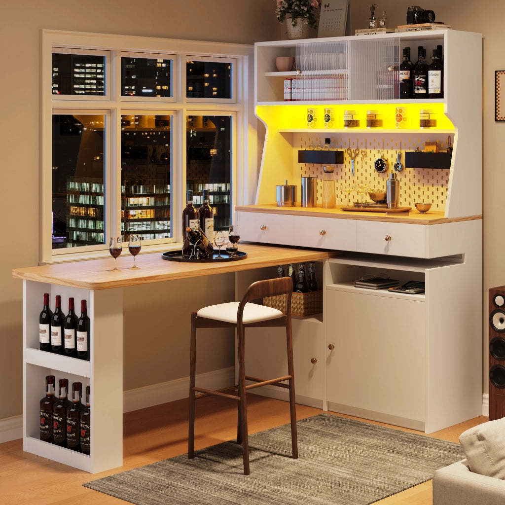 OKWISH Credenza Alta da Cucina con Piano Estensibile e LED, per Cucina o Sala da Pranzo, MDF, Bianco, 137 x 45 x 178 cm