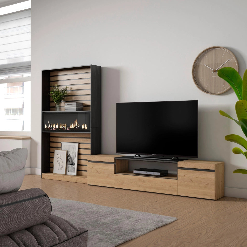 Mobile TV, Soggiorno, 310x35x186cm, Per TV fino a 80", Camino elettrico, colore Rovere e nero RF2858