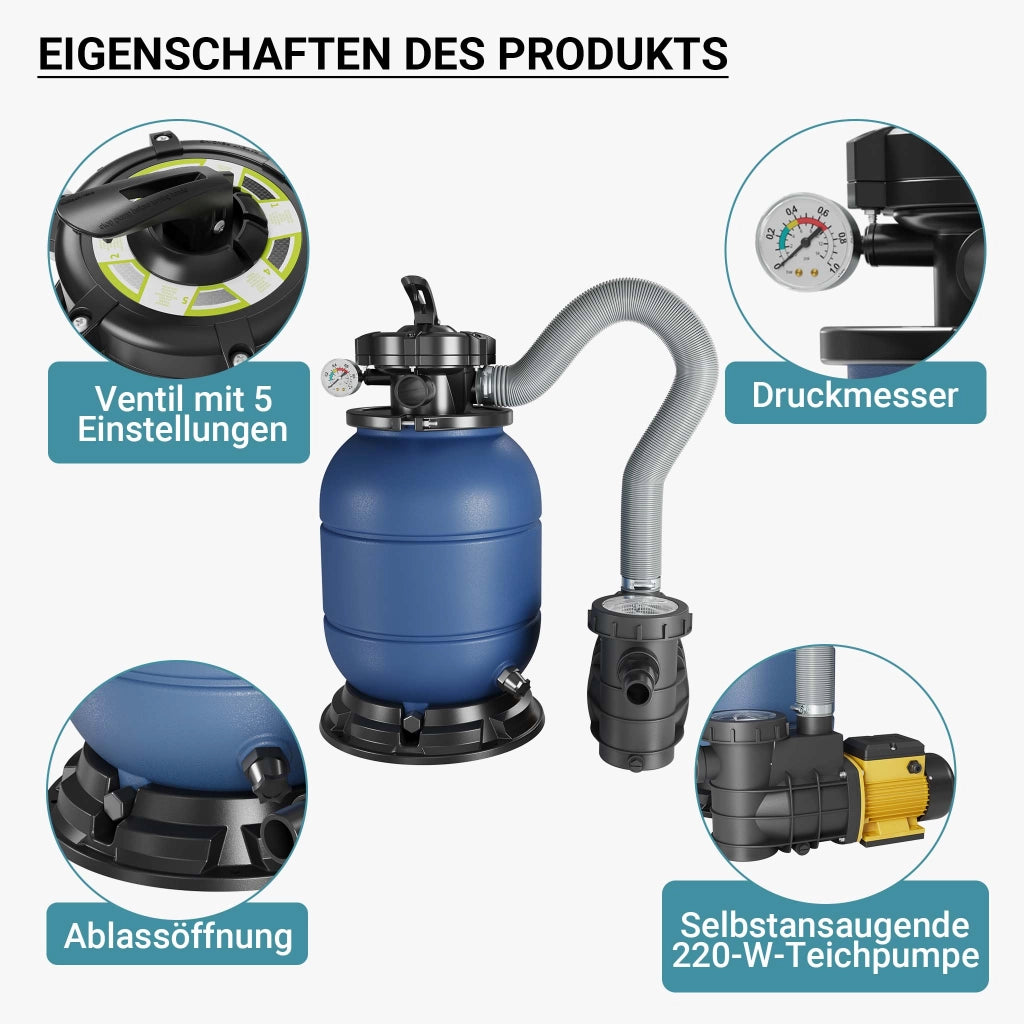 Filtro a sabbia con pompa autoadescante e valvola a 5 posizioni HZS-200, 220W, filtraggio acqua piscina