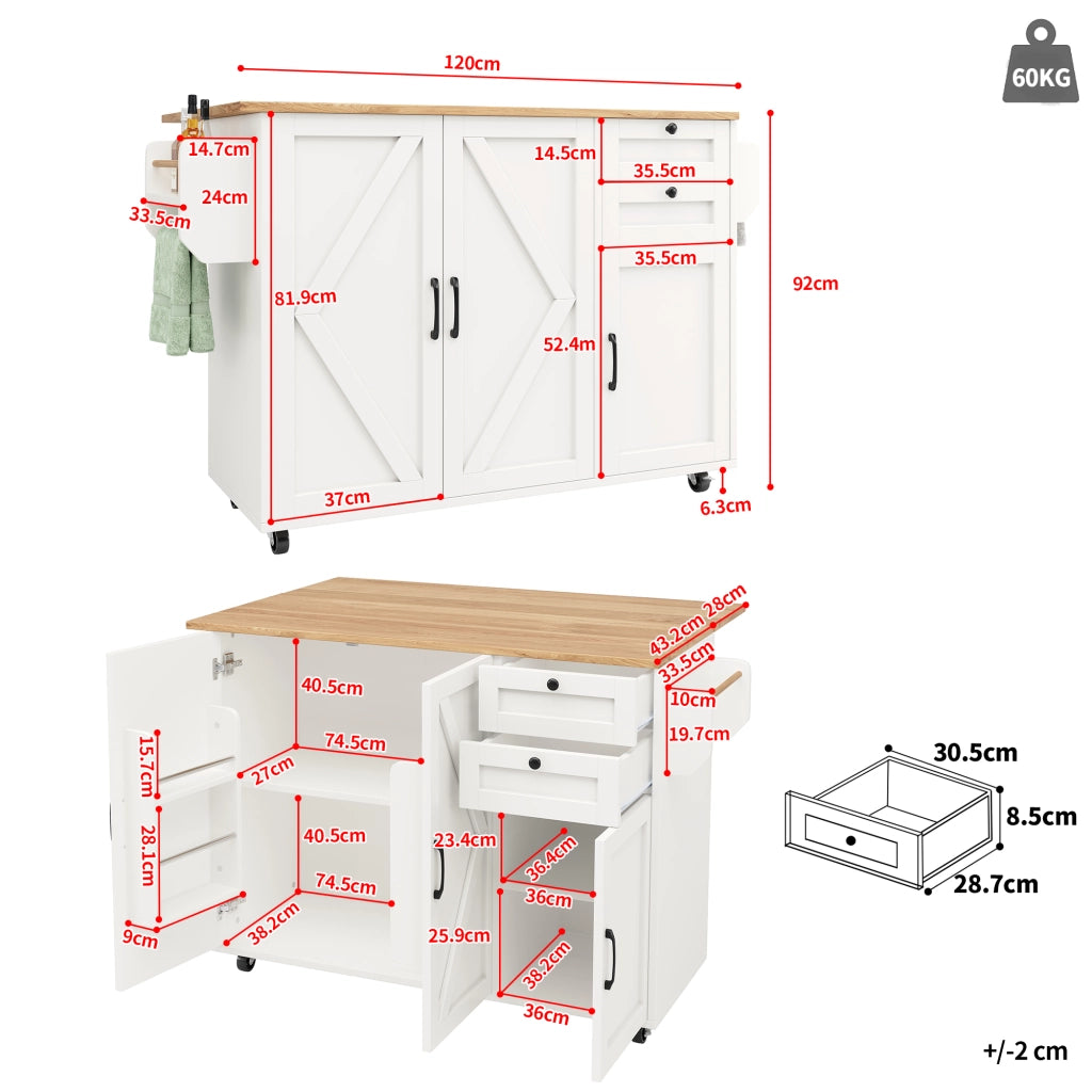 Carrello da Cucina con 2 Cassetti; Ripiani e Piano Pieghevole con Ruote per Cucina in MDF 120 x 43.2 x 92 cm
